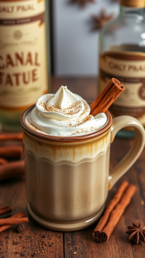 Chai-spiced tequila latte in a rustic mug with whipped cream and cinnamon.